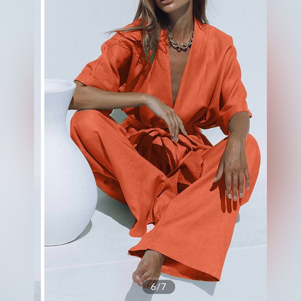 Commense, Oversized Linen Tied Two Piece Pants Set, orange color.